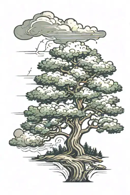 pine tree, thunderstorm background. sing lightning strike across and behind tree  tattoo design idea