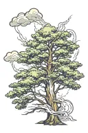 pine tree, thunderstorm background. sing lightning strike across and behind tree  tattoo design idea