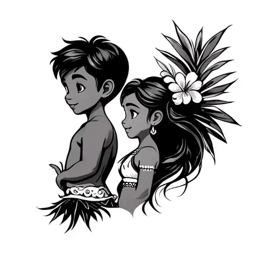 Disney Maui style little boy and girl side profile tattoo design idea