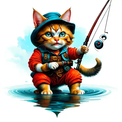 cat with a chucky outfit fishing  tattoo design idea