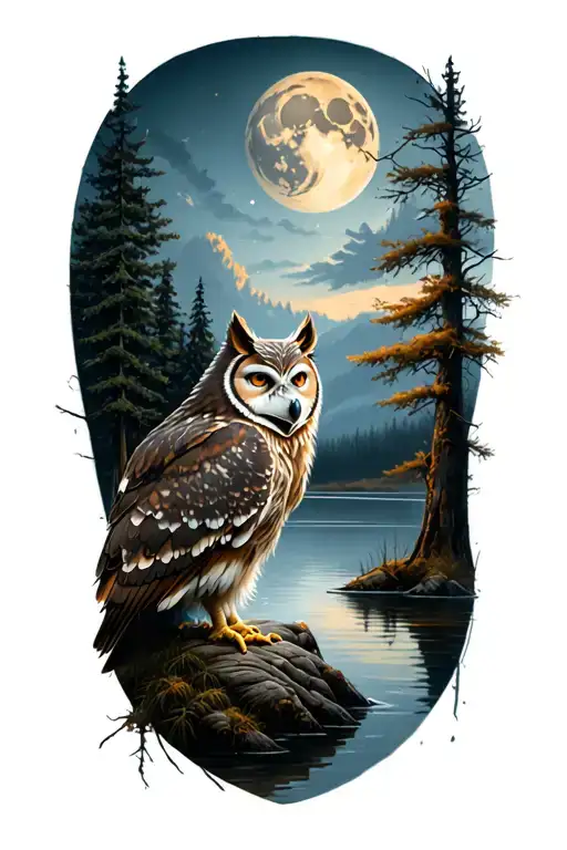 photorealistic owl overlooking a lake surrounded by trees with a lone wolf howlin, this should include a moon  tattoo design idea