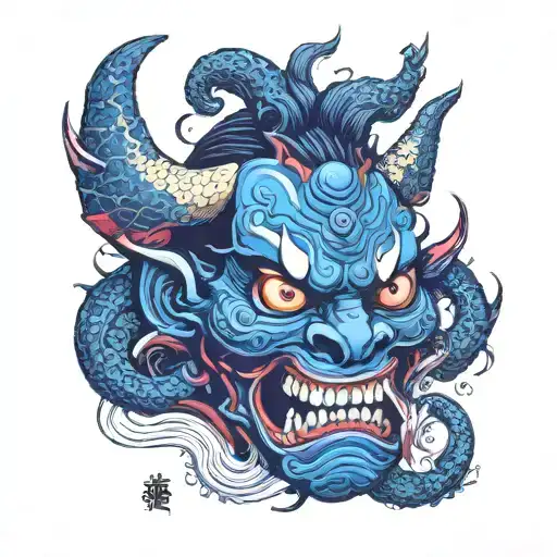 Lovecraft inspired oni mask tattoo design idea