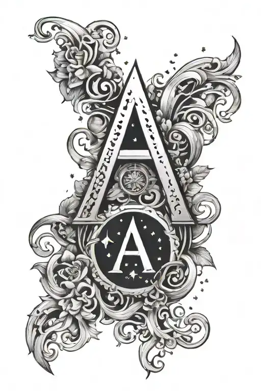 the letter A with the gemini zodiac sign and orion's belt tattoo design idea