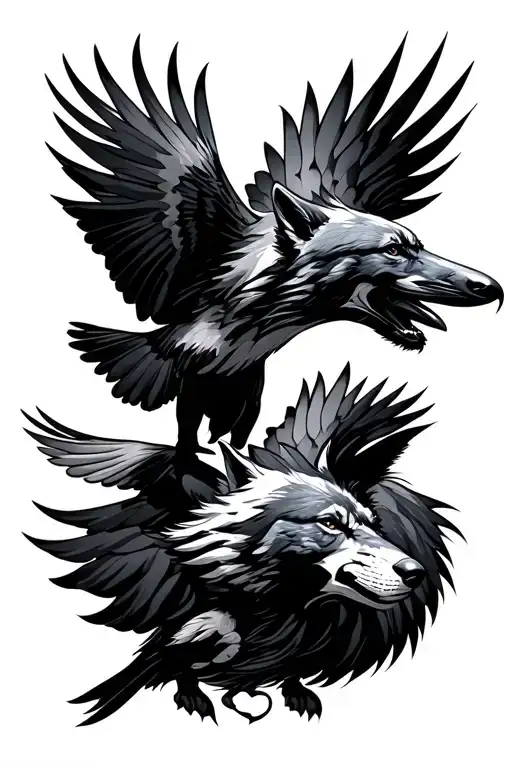 wolf and raven flying tattoo design idea