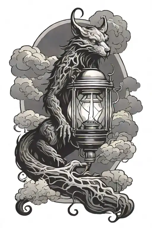 Dark creature and a lantern surrounded by clouds tattoo design idea