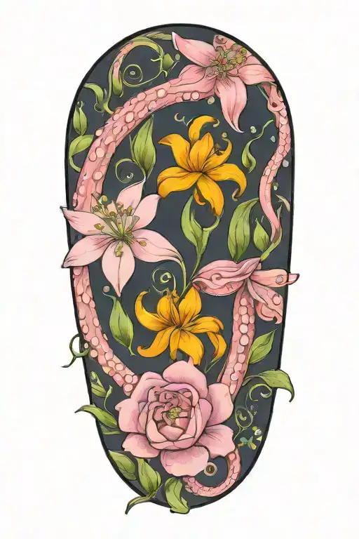 snowdrop, rose, marigold, octopus tentacles wrapping tattoo design idea