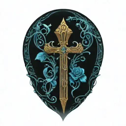 ankh with feathers and blue highlights and roses and vines spiraling from the top tattoo design idea