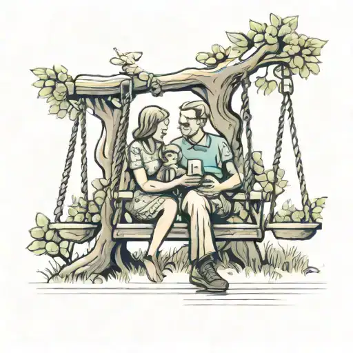 Mother and father and kid on swing set of tree tattoo design idea