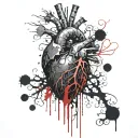 Black Releastic Heart, Bleeding, dripping blood, veins, Aorta valve, vessels, dark red, bloody, Blood Splatter, melting. tattoo design idea