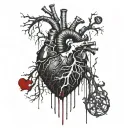 Black Releastic Heart, Bleeding, dripping blood, veins, Aorta valve, vessels, dark red, bloody, Blood Splatter, melting. tattoo design idea