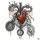 Black Releastic Heart, Bleeding, dripping blood, veins, Aorta valve, vessels, dark red, bloody, Blood Splatter, melting. tattoo design idea