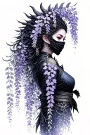 wisteria flowers cascading down side profile female ninja warrior and dragon tattoo design idea