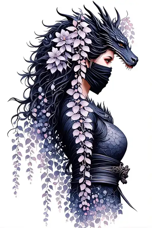 wisteria flowers cascading down side profile female ninja warrior and dragon tattoo design idea