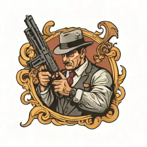 mafia ganster holding thompson gun tattoo design idea