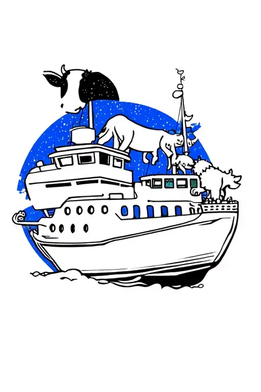 black and white cow driving ship abducting lisa simpson with blue galaxy background  tattoo design idea