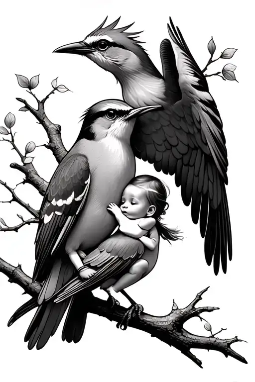a black and white tattoo from a mockingbird protecting one little girl and one baby under his opened wings tattoo design idea