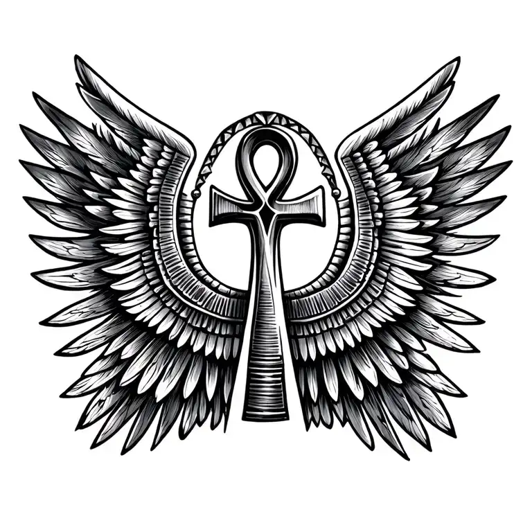 Ankh cross symbol with egyptian wings spread wide tattoo design idea