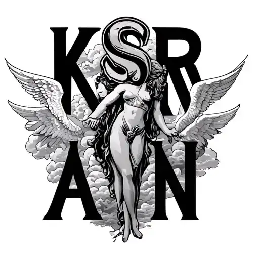 Create an arm slave with the following letters in . K S R C A N'. It may also include 6 angels and clouds tattoo design idea