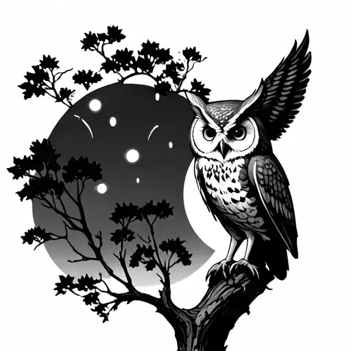 night trees with owl perched tattoo design idea