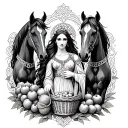 Celtic Goddess, Epona. surrounded by Horses and with a basket of fruit tattoo design idea