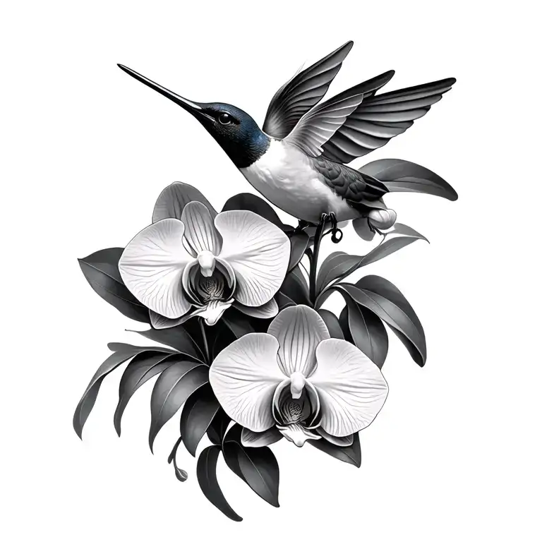 humming bird with orchids tattoo design idea