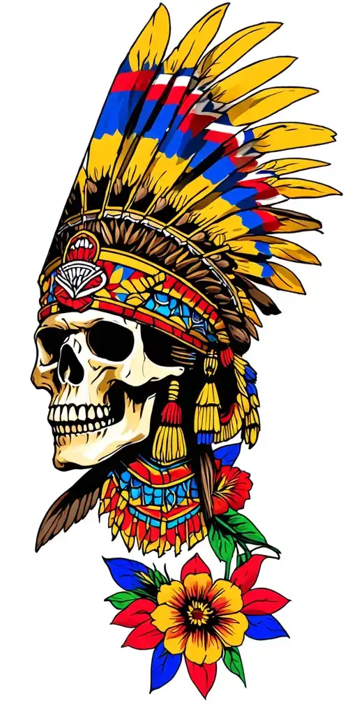 aztec warrior, skull, colourful flowers, colombia flag and union jack flag as backdrop in black and white tattoo design idea