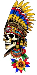 aztec warrior, skull, colourful flowers, colombia flag and union jack flag as backdrop in black and white tattoo design idea