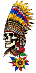 aztec warrior, skull, colourful flowers, colombia flag and union jack flag as backdrop in black and white tattoo design idea
