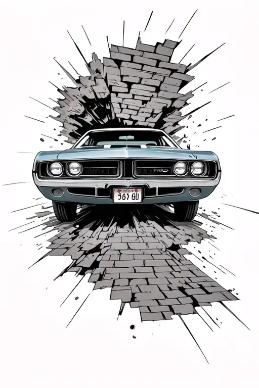 1969 dodge charger breaking through a brick wall tattoo design idea