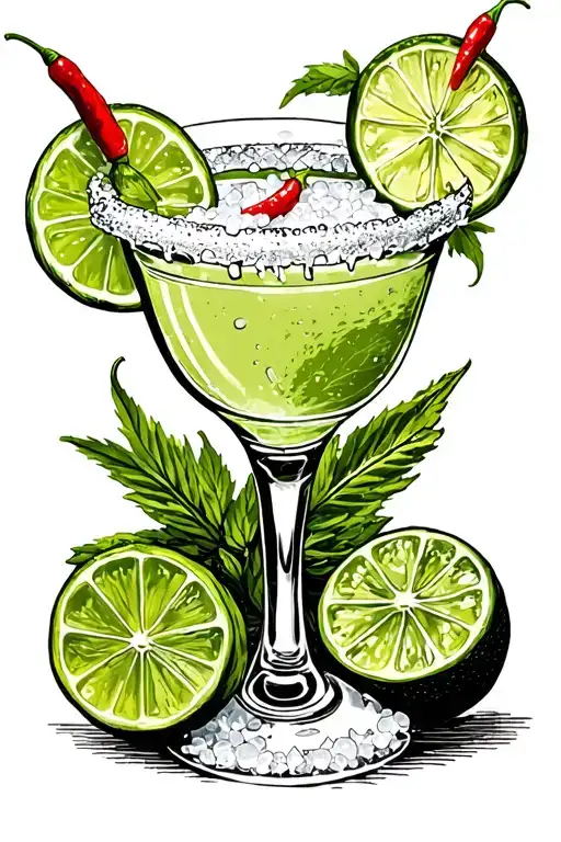 margarita glass, salt rim, lime slice on rim, red chilli in glass tattoo design idea