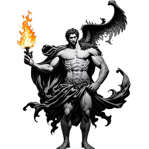 Prometheus standing up with a little fire in his hand in a classic style tattoo design idea