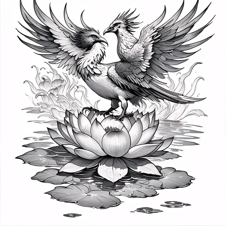 phoenix bird rising from center of lotus in water tattoo design idea