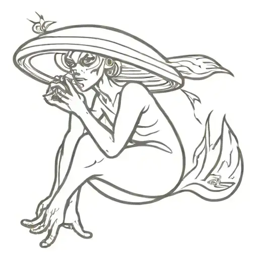 An alien sitting on a UFO with a burning joint in his hand, and instead of light, marijuana leaves are falling from unde tattoo design idea