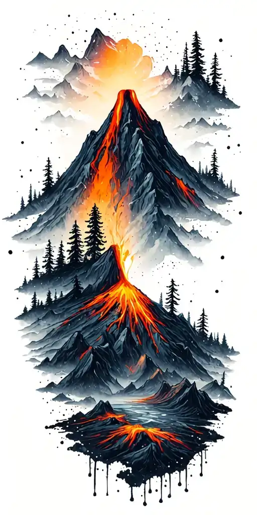 volcano forrest and mountains tattoo design idea