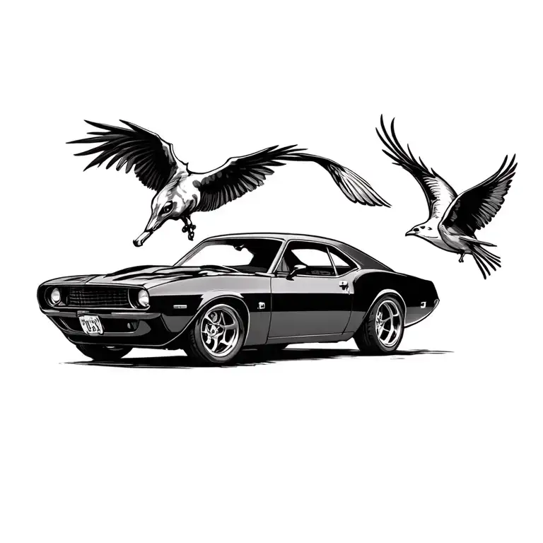 vintage muscle car and animal and birds tattoo design idea