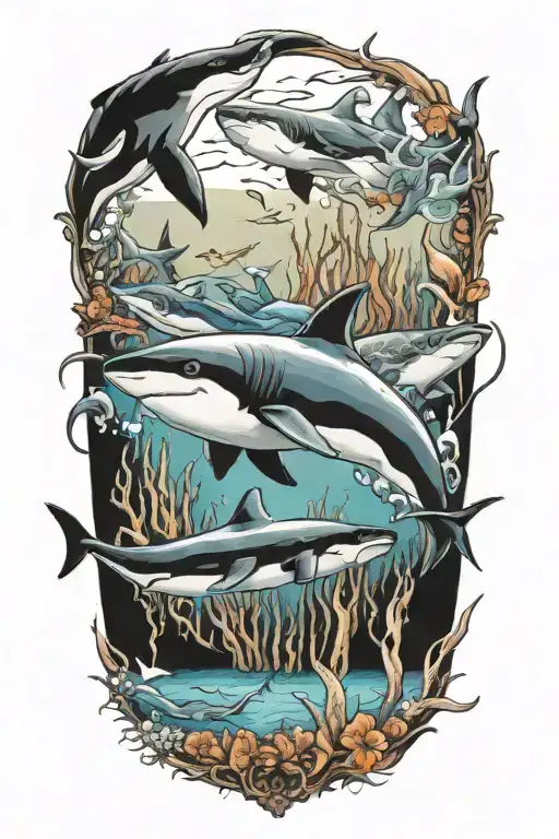 seaworld with sharks, orcas and octapus tattoo design idea