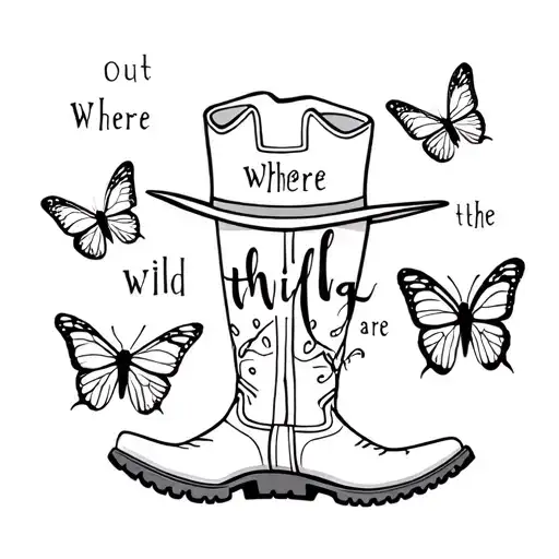 Cowboy boots and hat, with wording saying "out where the wild things are" surrounded by butterflies tattoo design idea