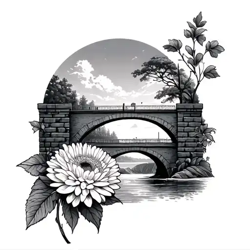 brick wall tattoo for women with Chrysanthemum bouquet and picture of bridge sky woods river tattoo design idea