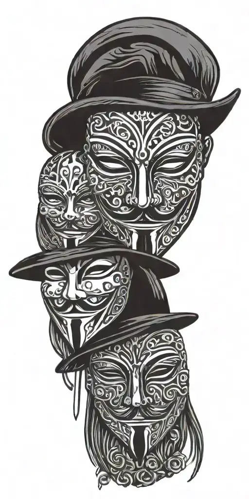 v for vendetta mask, hat with women holding knifes, rosses. qr code tattoo design idea