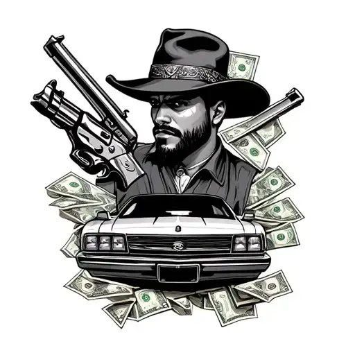 bold Chicano gangster tattoo design on a clean white background featuring symbolic elements like [money/guns/playing car tattoo design idea