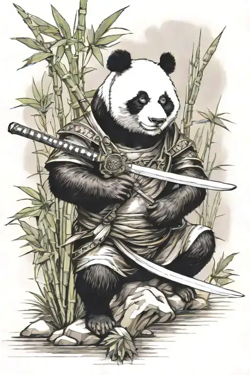 panda in samurai helmet holding a katana  with half a wing by a river with bamboo shoot nearby tattoo design idea