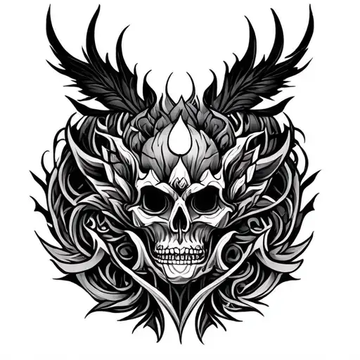 "Create a bold and spiritually charged symmetrical tattoo on a black background, rendered in intricate white line art. T tattoo design idea