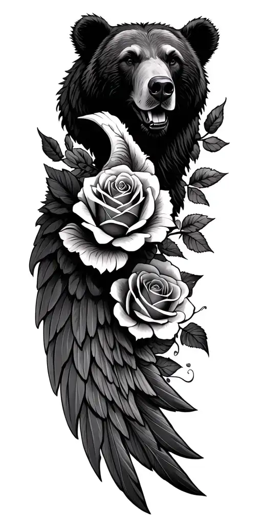 bear head roses intertwined wing attached tattoo design idea