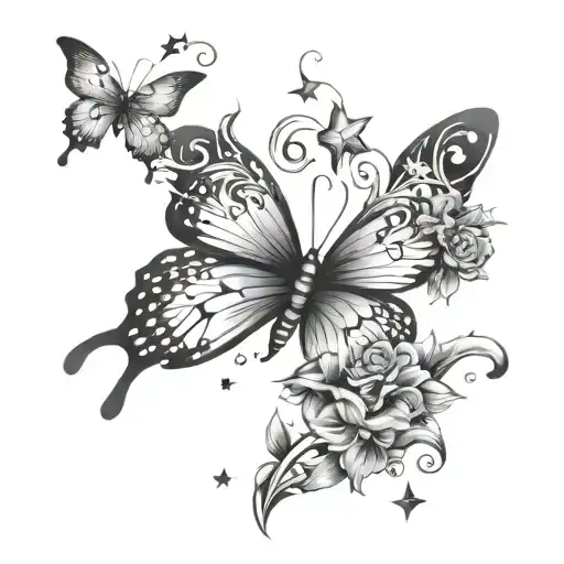 butterfly, smoke and stars coming tattoo design idea