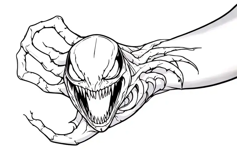 A highly detailed tattoo design of Venom of Marvel ,the forearm, with his mouth wide open, sharp teeth,  twisted form tattoo design idea