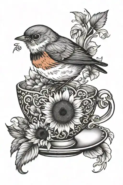 robin bird, sunflower, teacup tattoo design idea
