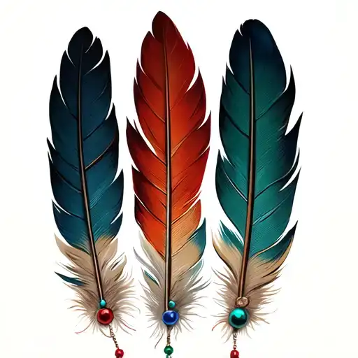 3 Indian Feathers with 1 bead attached to each feather. one bead red, one blue and one green. tattoo design idea
