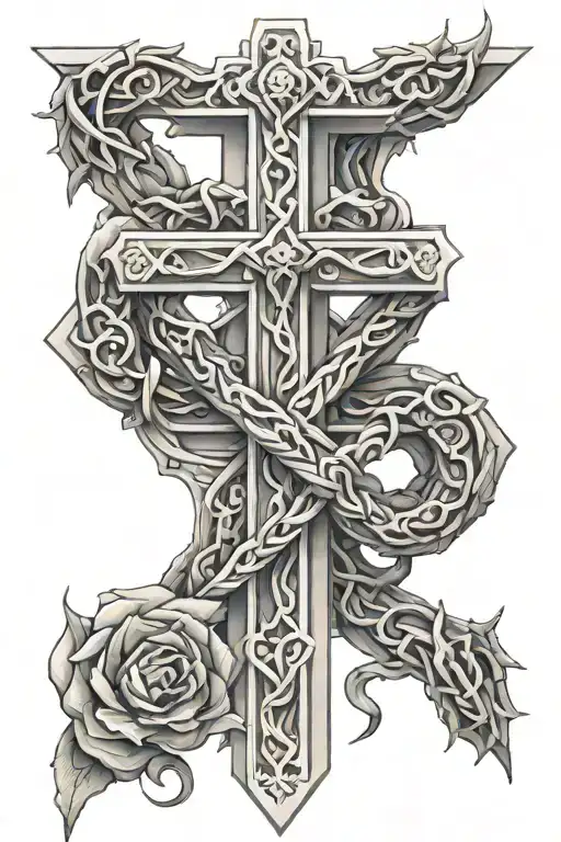 a 3D cross with a snake covered in rose thorns around it tattoo design idea