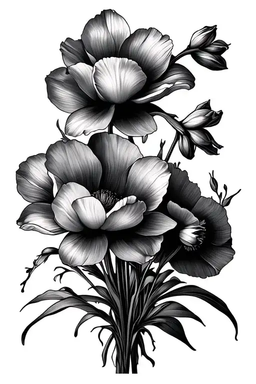 narcissus and poppy bouquet fine line tattoo design idea