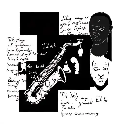 Tattoo inspired by Basquiat's drawings with written Tily, Elohi, a saxophonist, figures and a face a head tattoo design idea